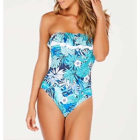 TOMMY Hilfiger Ruffled Bandeau One Piece Swimsuit - Picture 1 of 12
